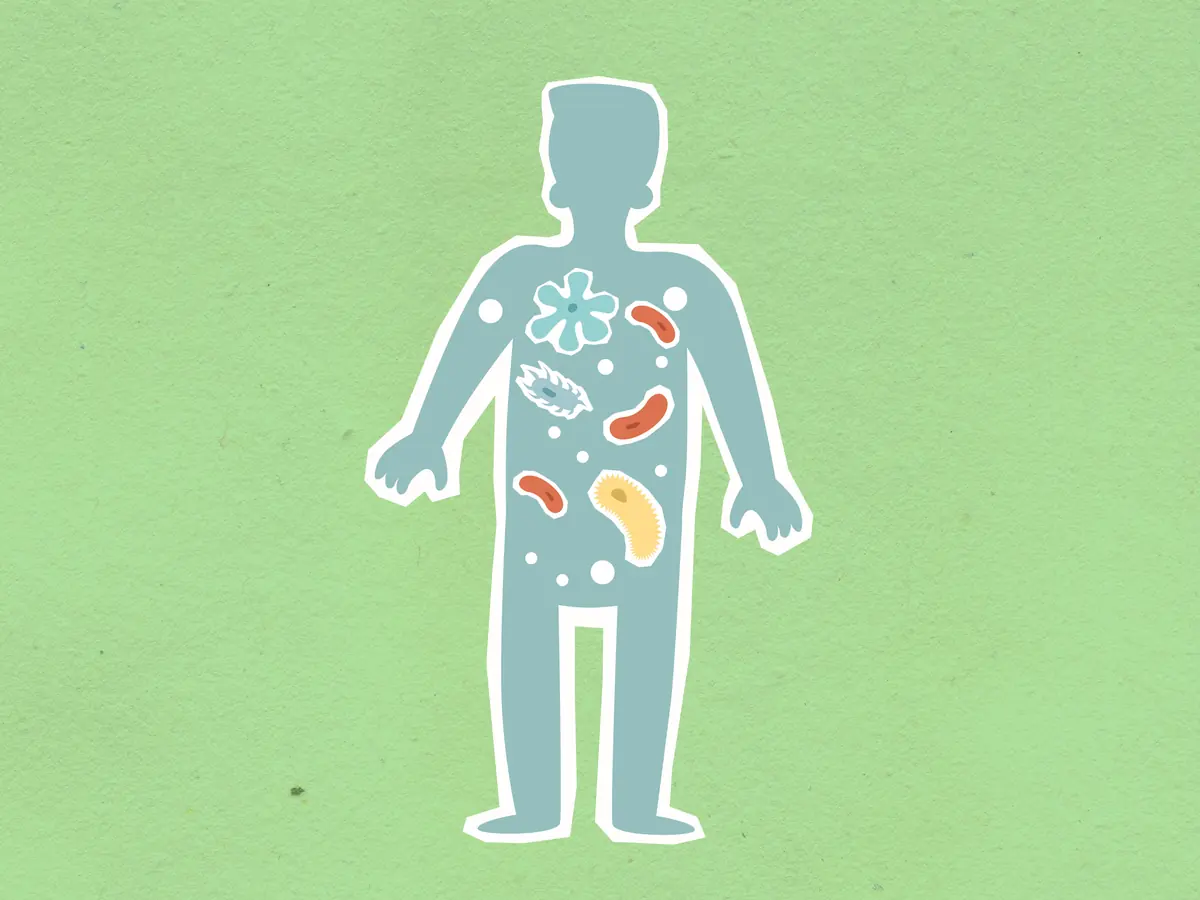 Ilustração de um corpo humano com bactérias do intestino